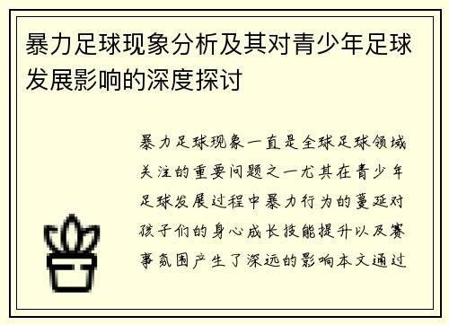暴力足球现象分析及其对青少年足球发展影响的深度探讨