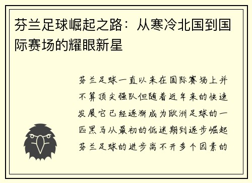 芬兰足球崛起之路：从寒冷北国到国际赛场的耀眼新星