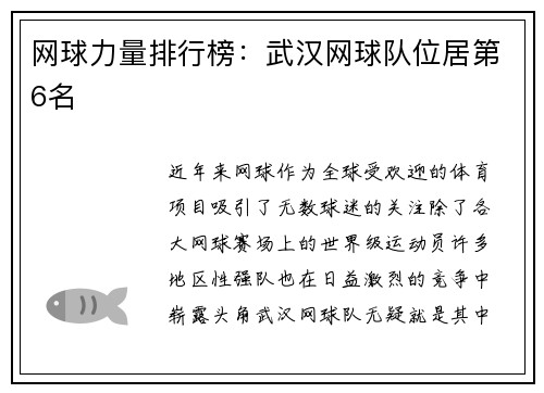 网球力量排行榜：武汉网球队位居第6名