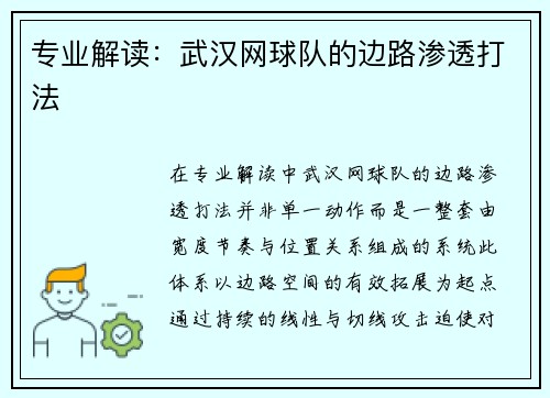 专业解读：武汉网球队的边路渗透打法